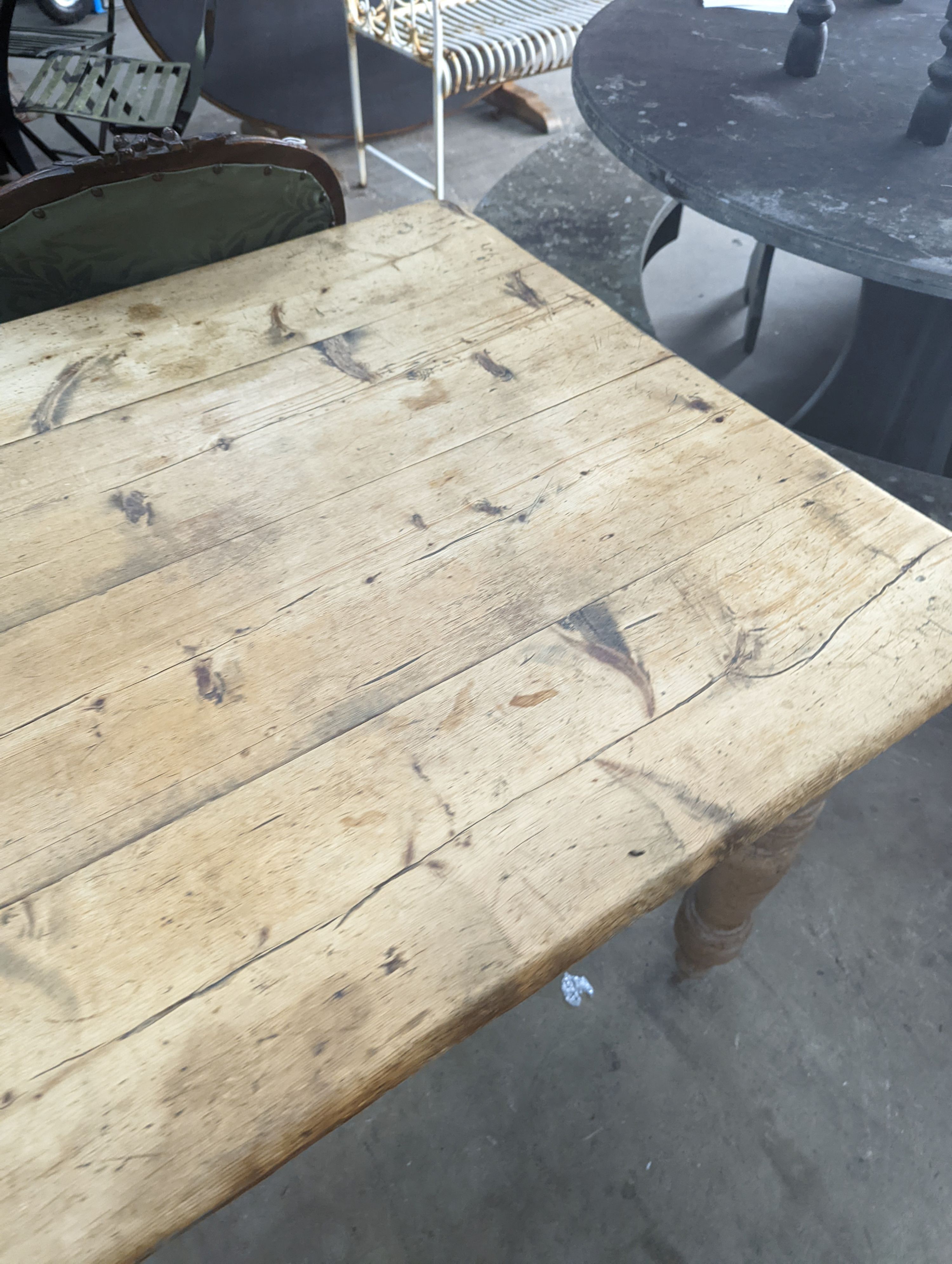 A Victorian pine kitchen table, fitted drawer, width 120cm, depth 86cm, height 74cm